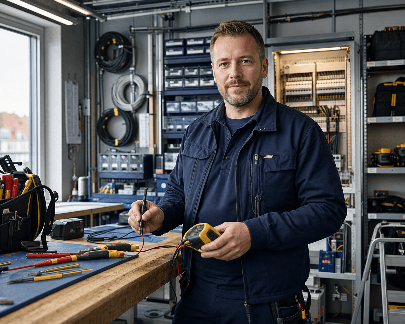Elektriker i en välorganiserad professionell verkstad