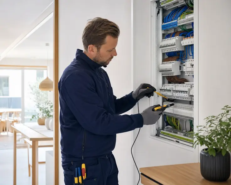 Elektriker som kontrollerar en modern elcentral i ett svenskt hem